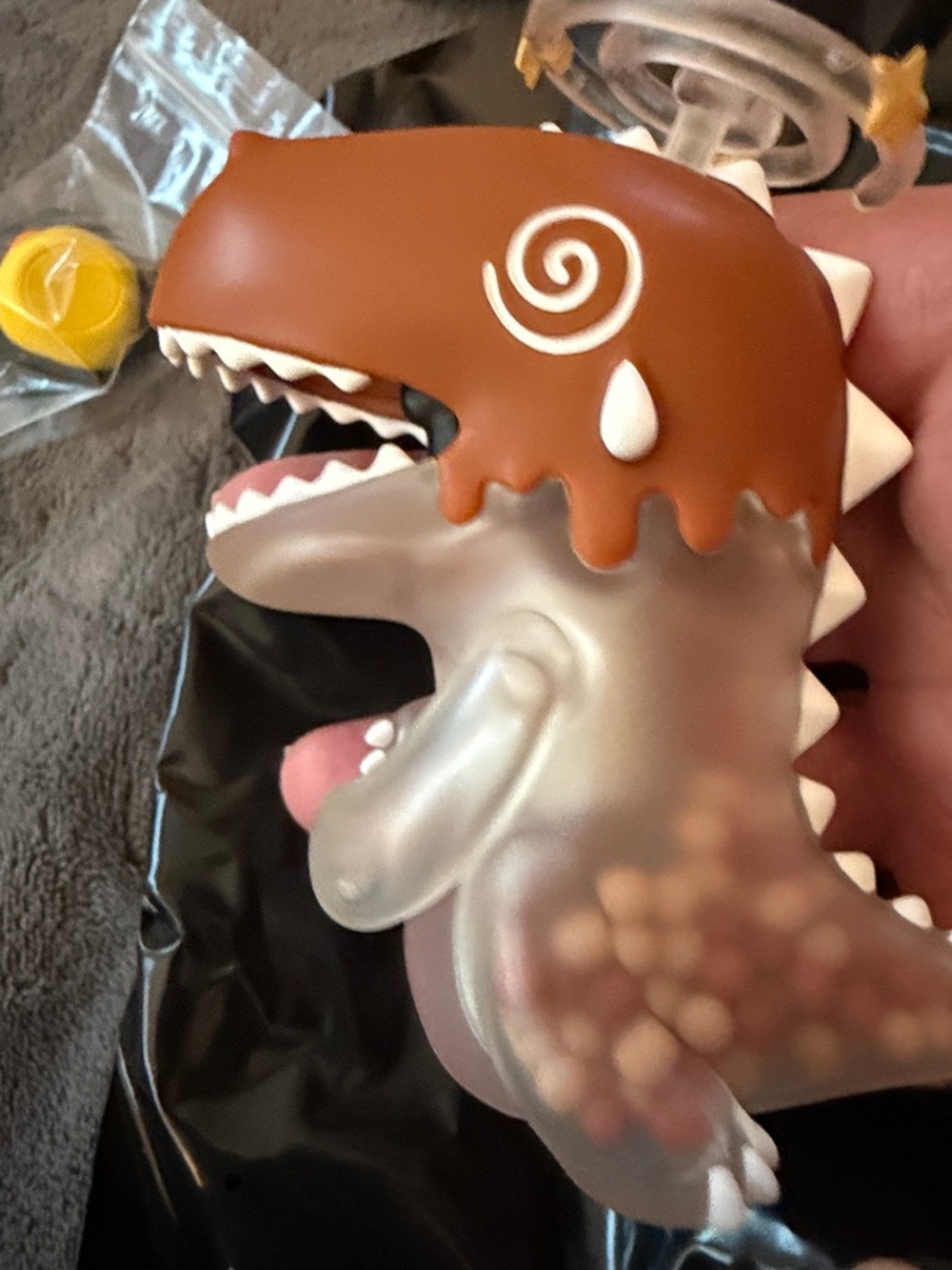 Umasou “Working Duckgether” girl,,her Dinosaur and Duck. Cream and brown beads.